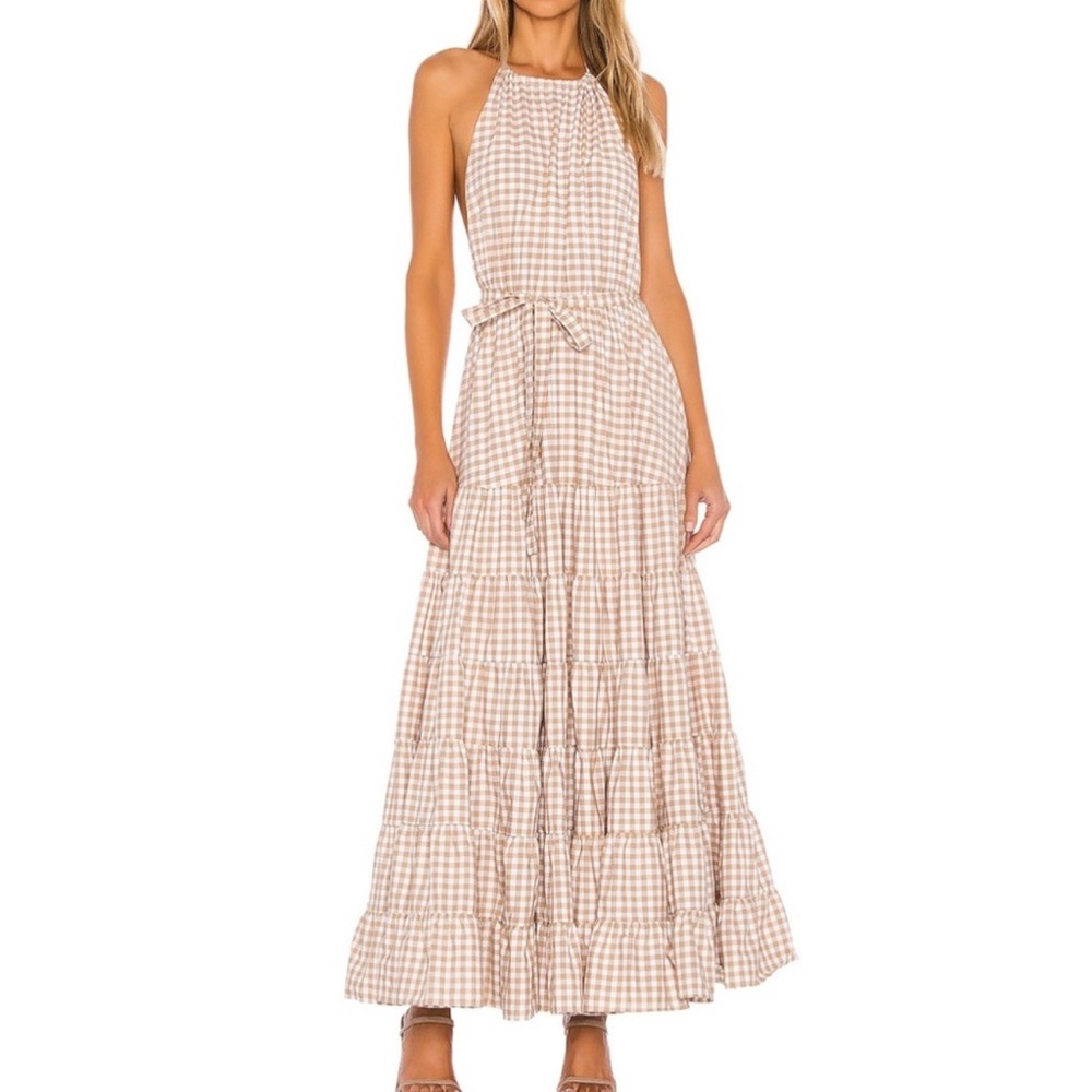 REVOLVE Beige and White Tiered Gingham Ruffled Sundress - NWOT